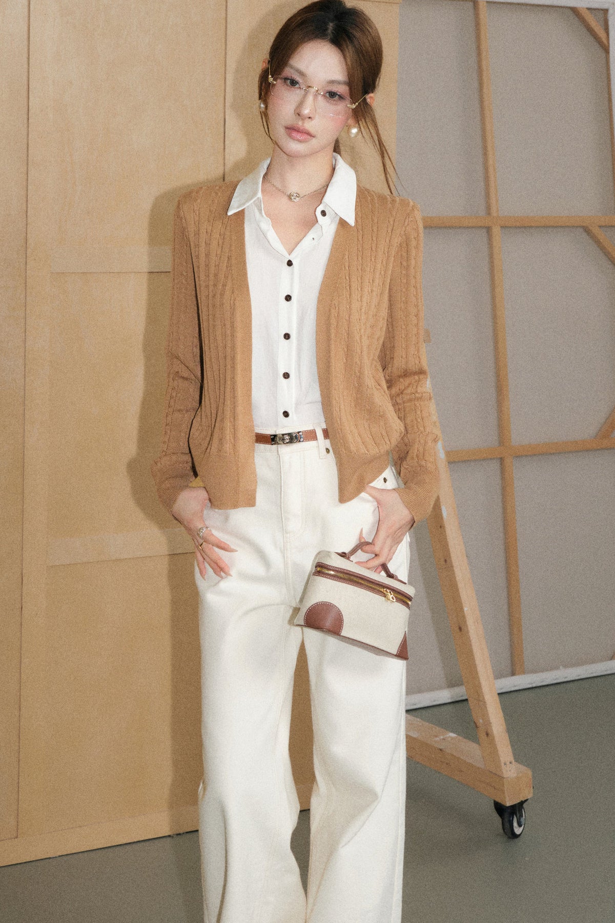 Khaki Layered-Look Cardigan and White Flared Jeans Set-Up