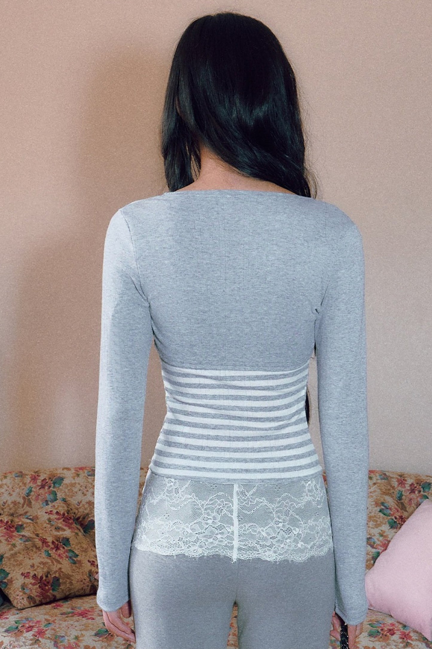 Striped Bow Tie Long Sleeve Cardigan and Lace Camisole Set-Up