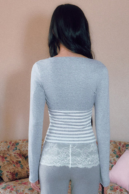 Striped Bow Tie Long Sleeve Cardigan and Lace Camisole Set-Up