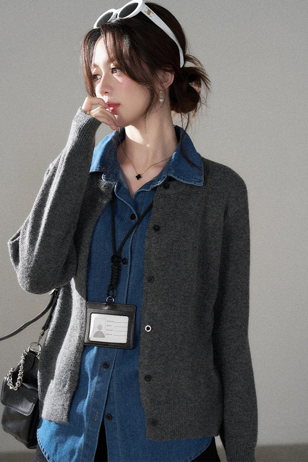 Layered-Look Denim Collar Sweater