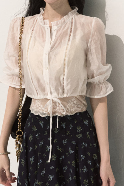 Lyocell Lace Trim Blouse and Floral A-Line Skirt Set-Up