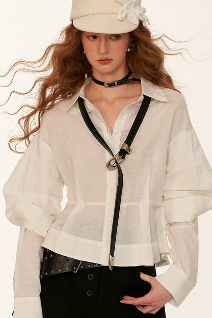 Cotton Linen Ruffle Sleeve Ruffle Hem Shirt