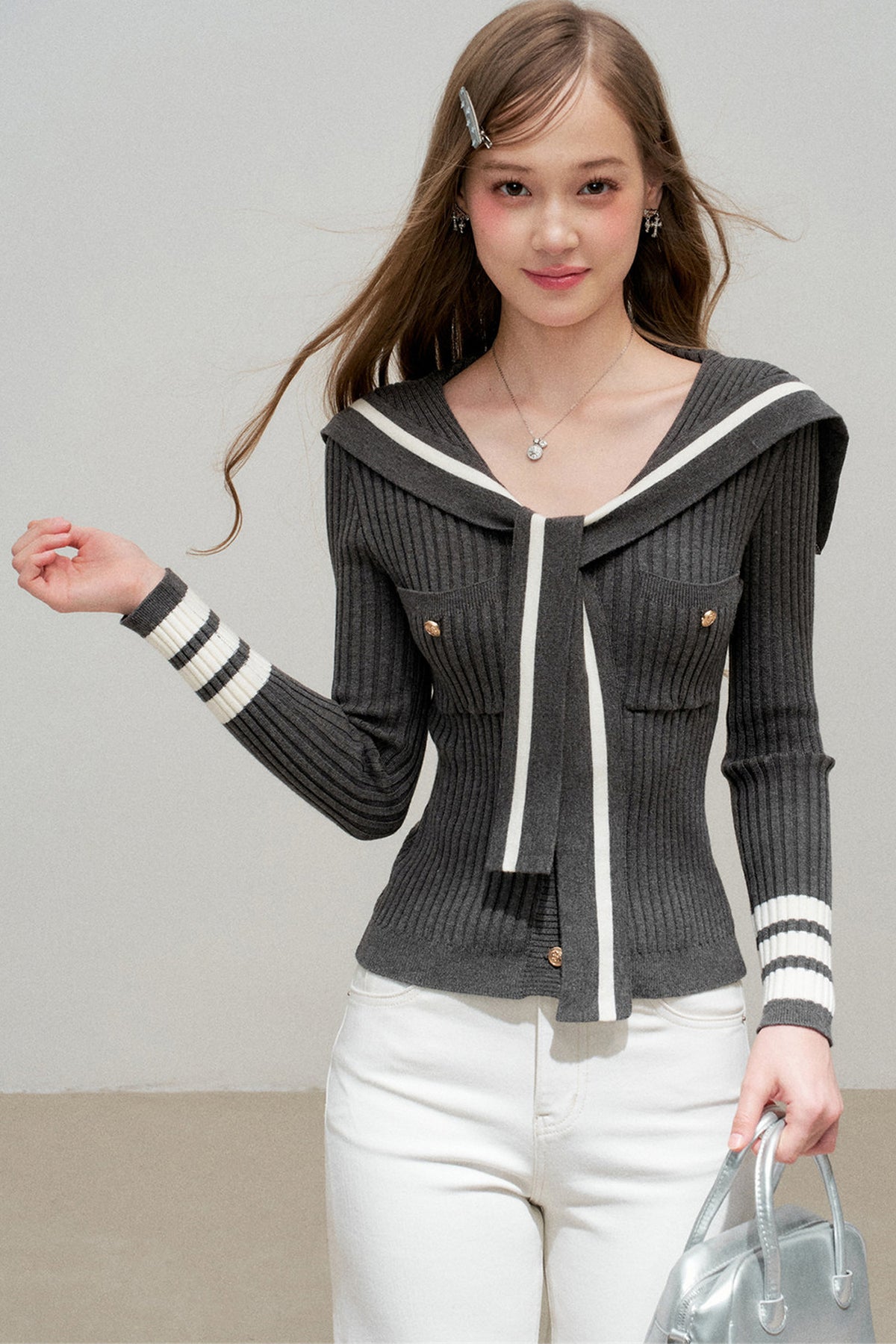 Navy Collar Striped Knit Top