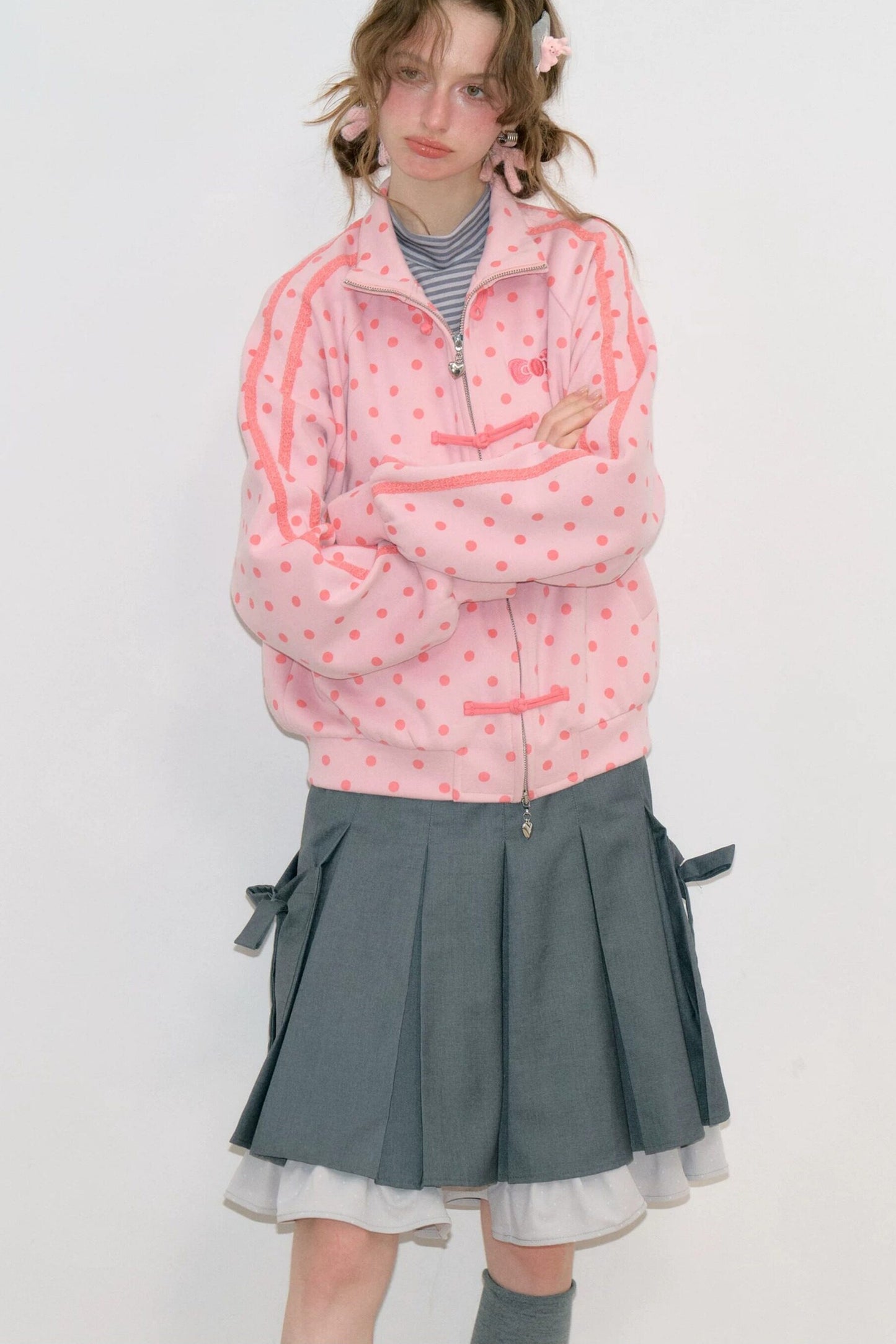 Pink Polka Dot Zipper Sweatshirt Jacket