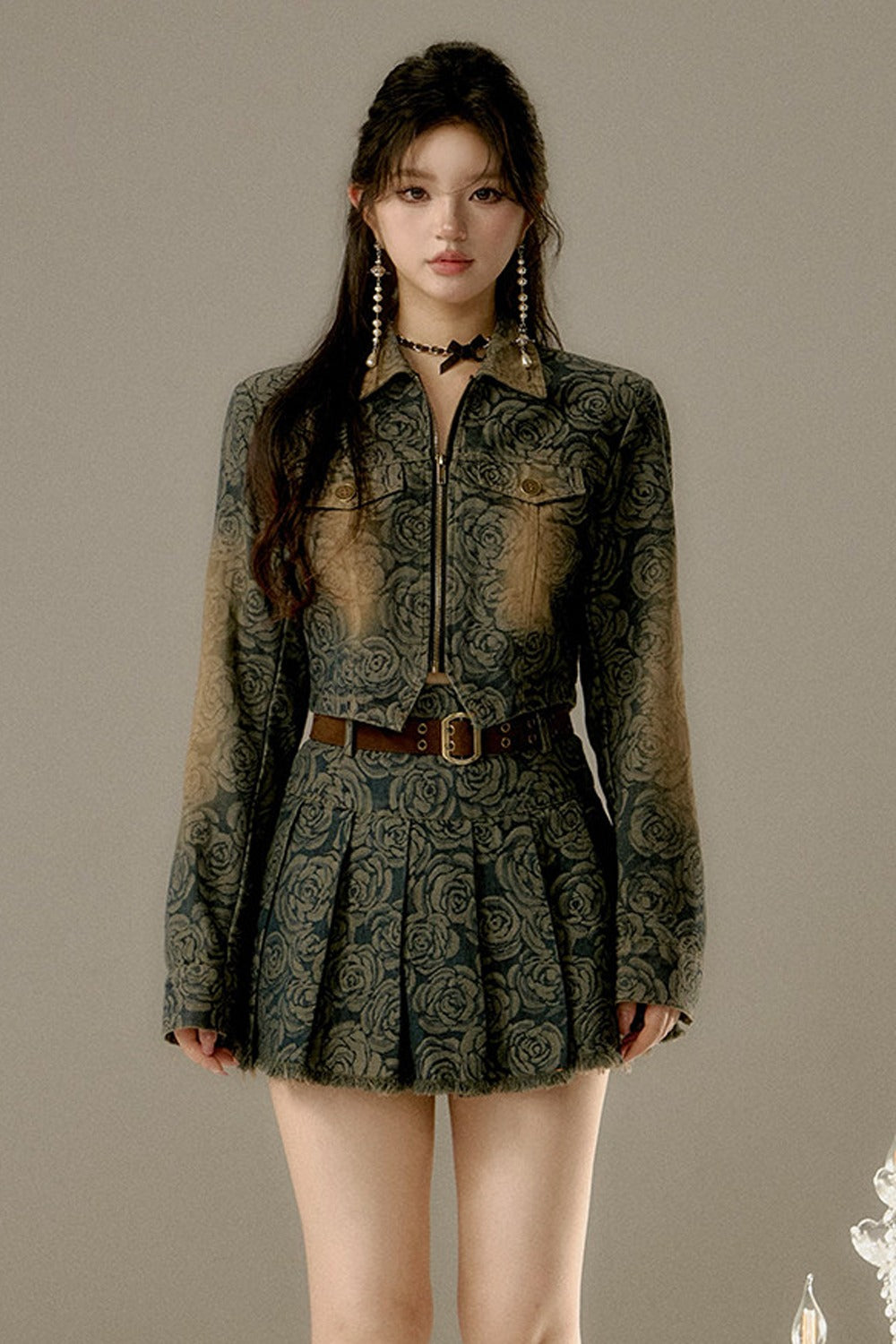 Floral Denim Skirt With Belt