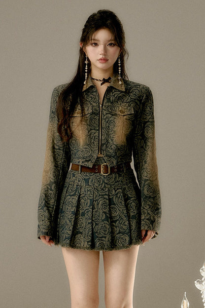 Floral Denim Skirt With Belt