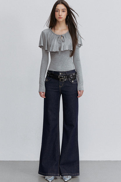 Tie-Front Ruffle Cape Long Sleeve Top