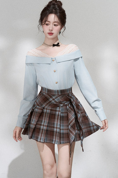 Blue Off-Shoulder Lace Blouse and Skirt Set-Up