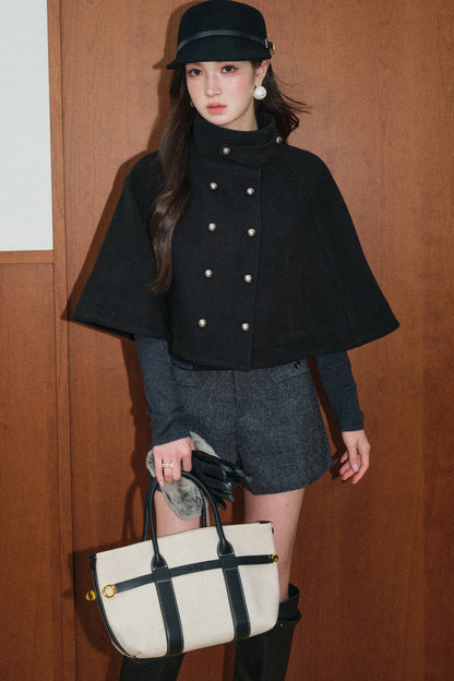 Double-Breasted Wool Cape and Shawl Shorts Set-Up