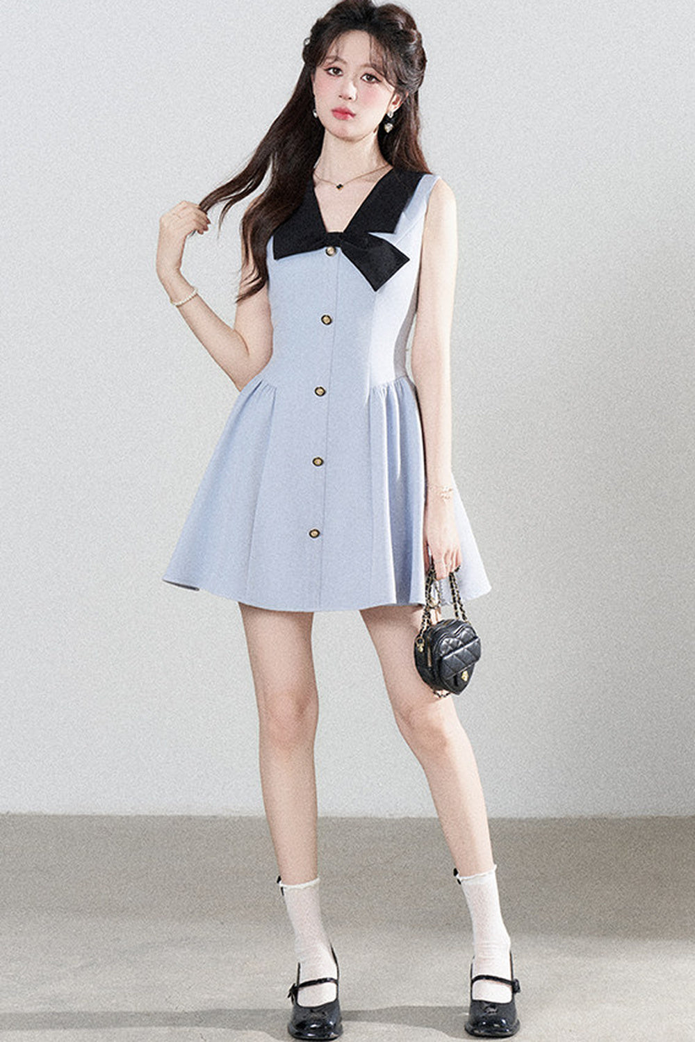 Blue Sleeveless Collar Bow Dress