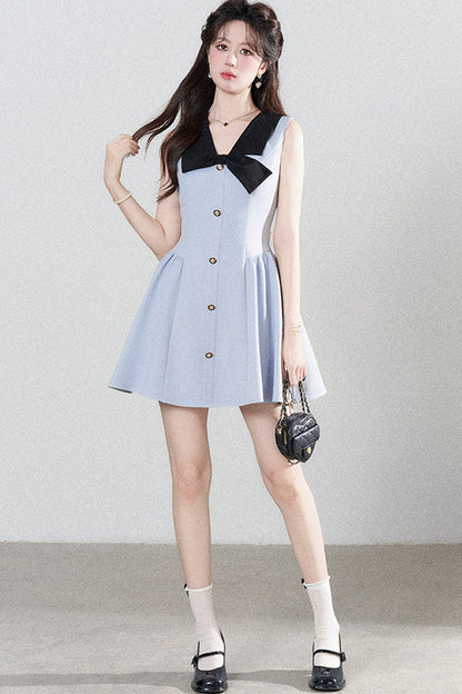 Blue Sleeveless Collar Bow Dress