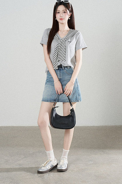 Loose Short-Sleeved Striped Shawl T-Shirt and Denim Skirt Set-Up