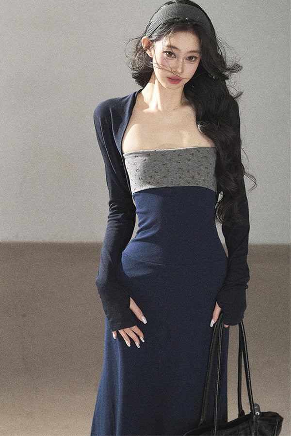Navy Blue Strapless Bodycon Dress and Cardigan Set-Up