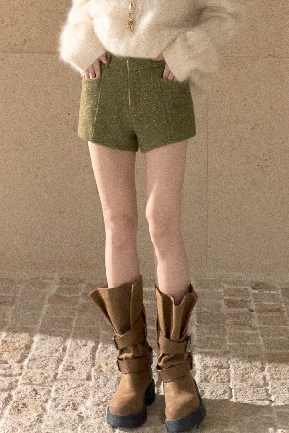 Gold Thread Wool Blend High-Waisted Shorts