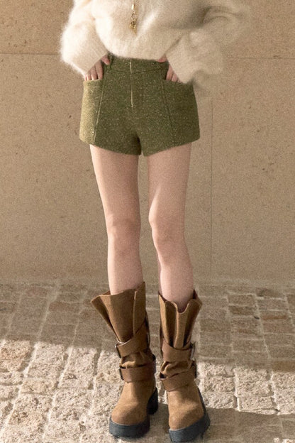 Gold Thread Wool Blend High-Waisted Shorts