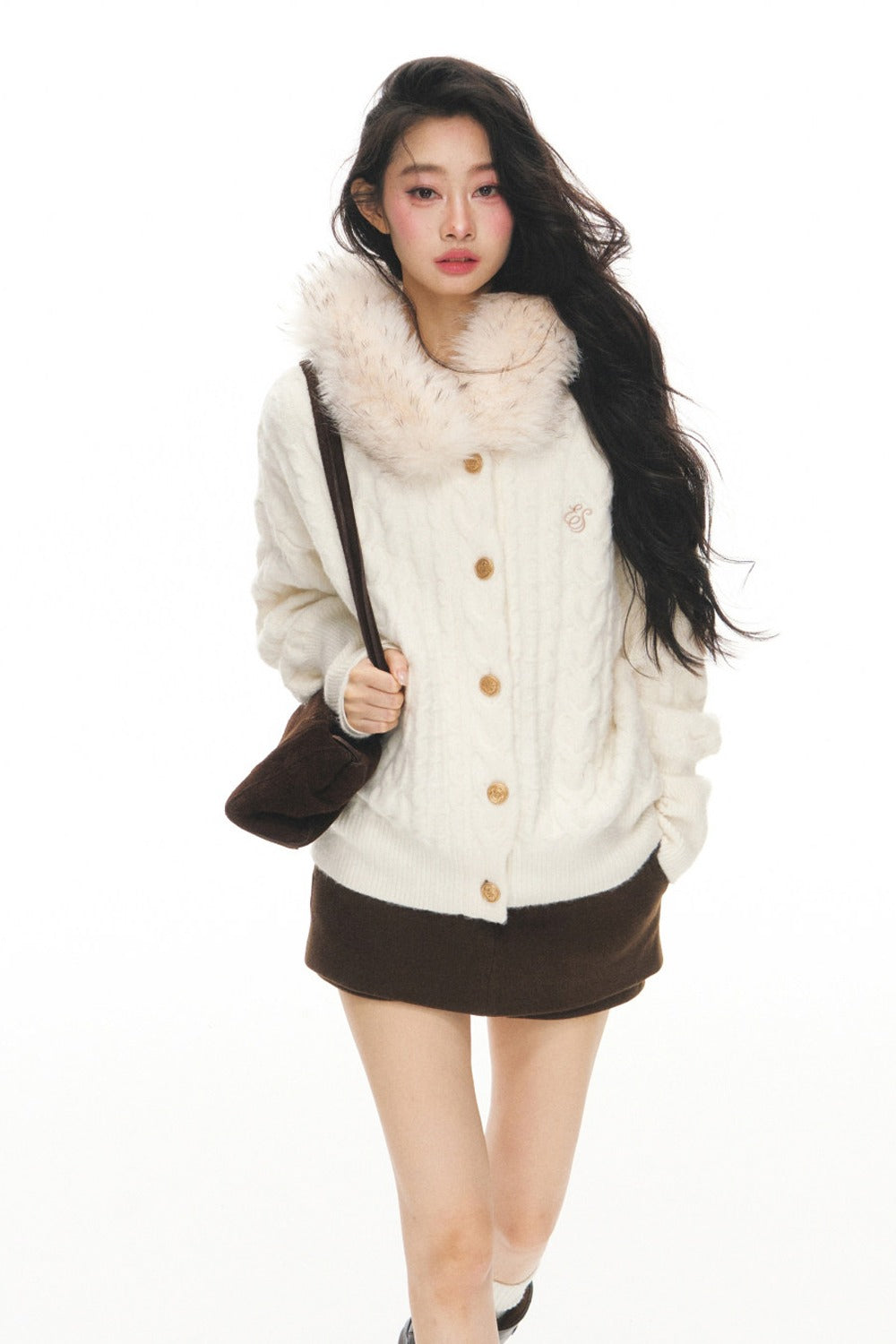 Fur Collar Knitted Cardigan and Skirt Set-Up