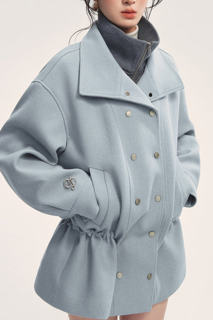 Blue Oversized Dropped Shoulder Double-Breasted Woolen Jacket