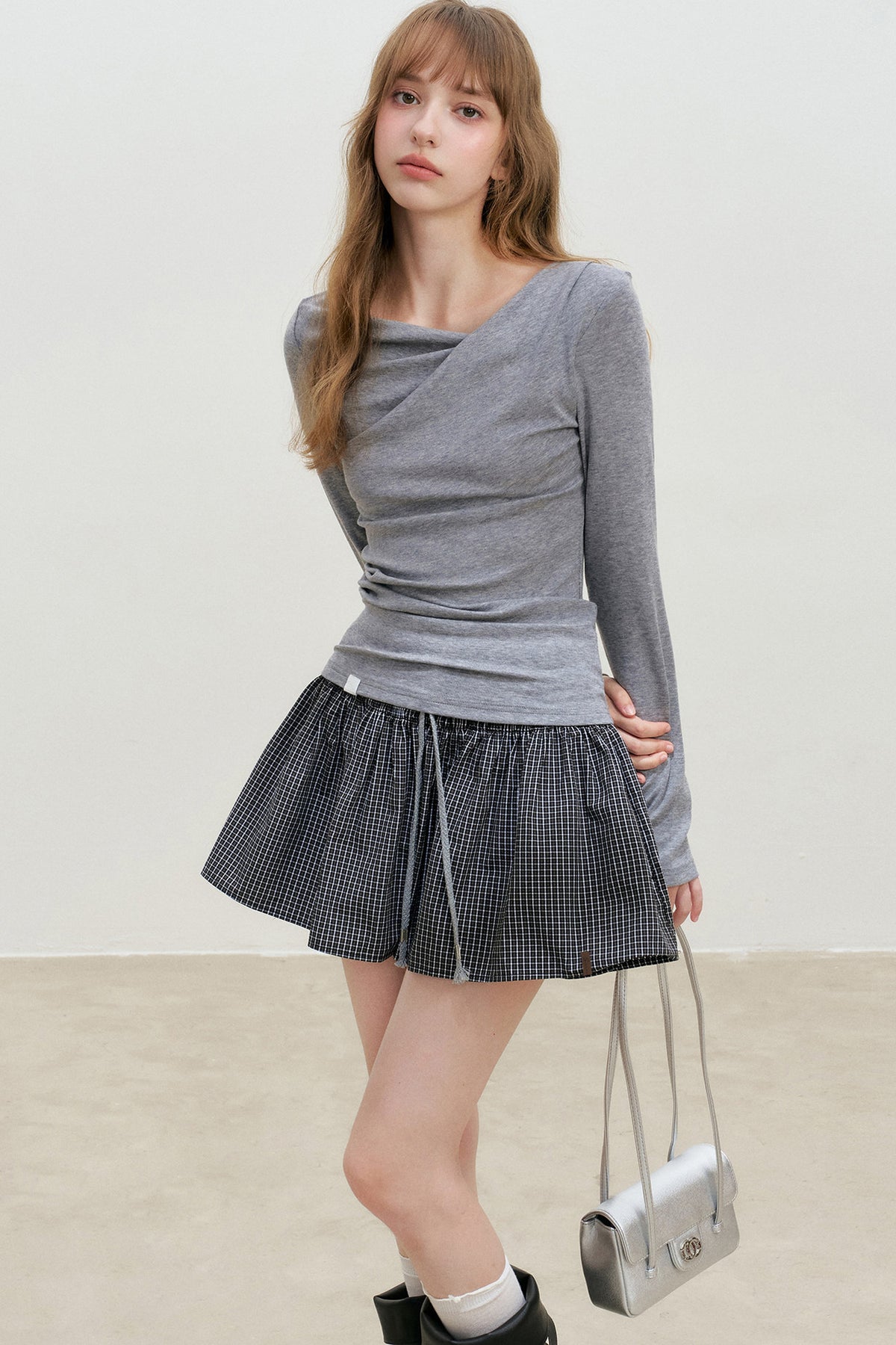 Drawstring Plaid A-Line Skirt