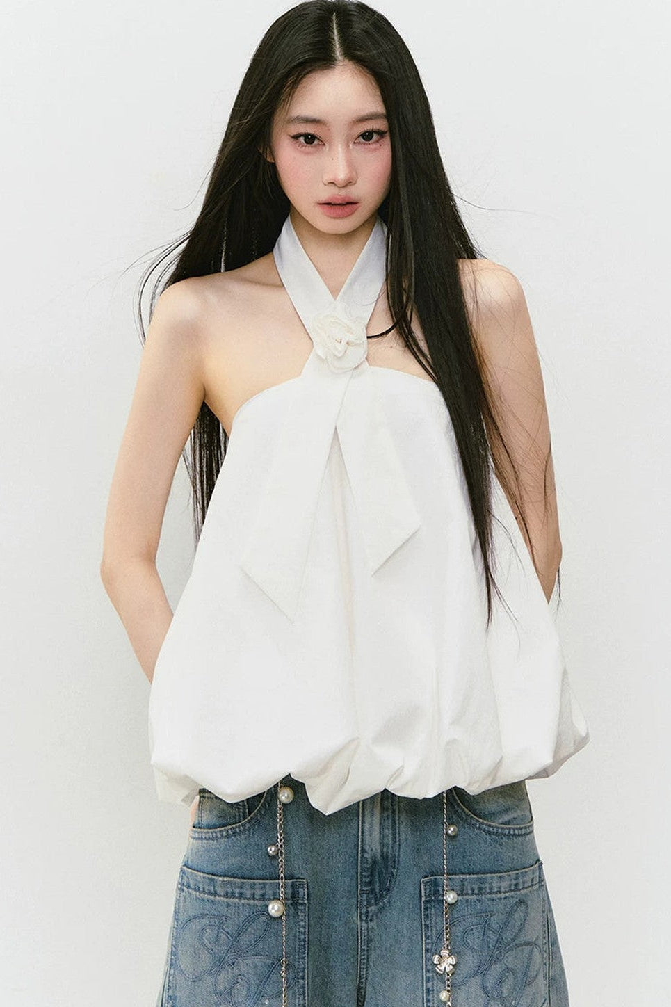 3D Rose Tie Fluffy Halter Top