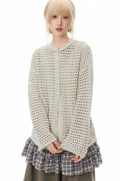 Solid Color Hollow Knit Cardigan