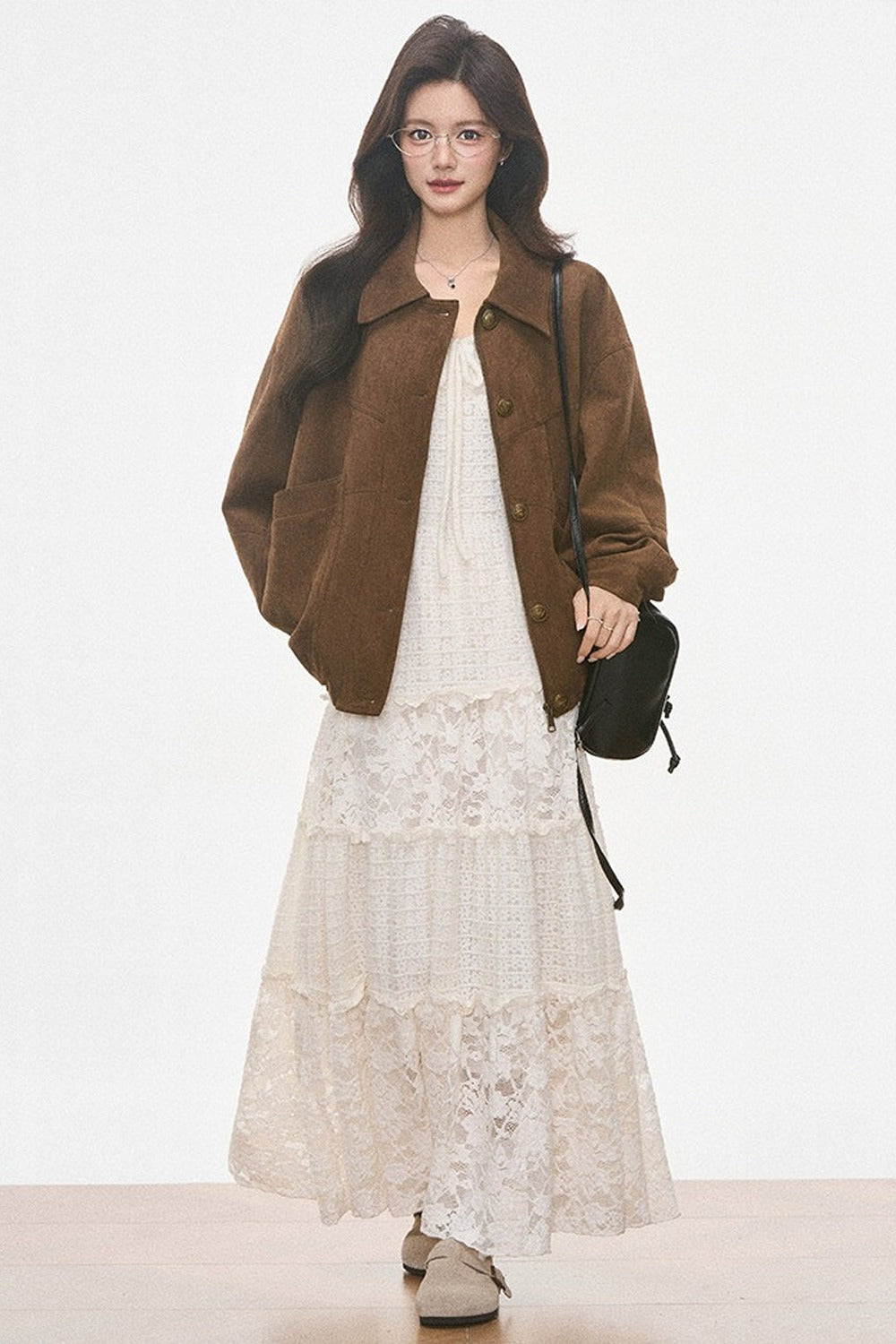 Brown Suede Jacket and Lace Dress Set-Up