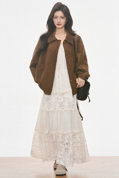 Brown Suede Jacket and Lace Dress Set-Up