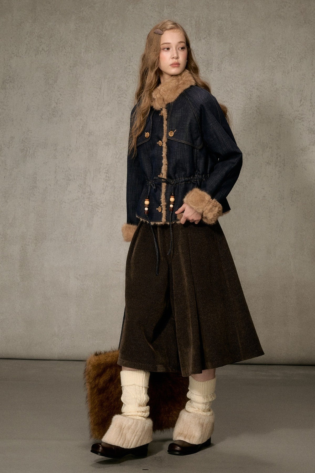 Fur Collar Denim Drawstring Jacket