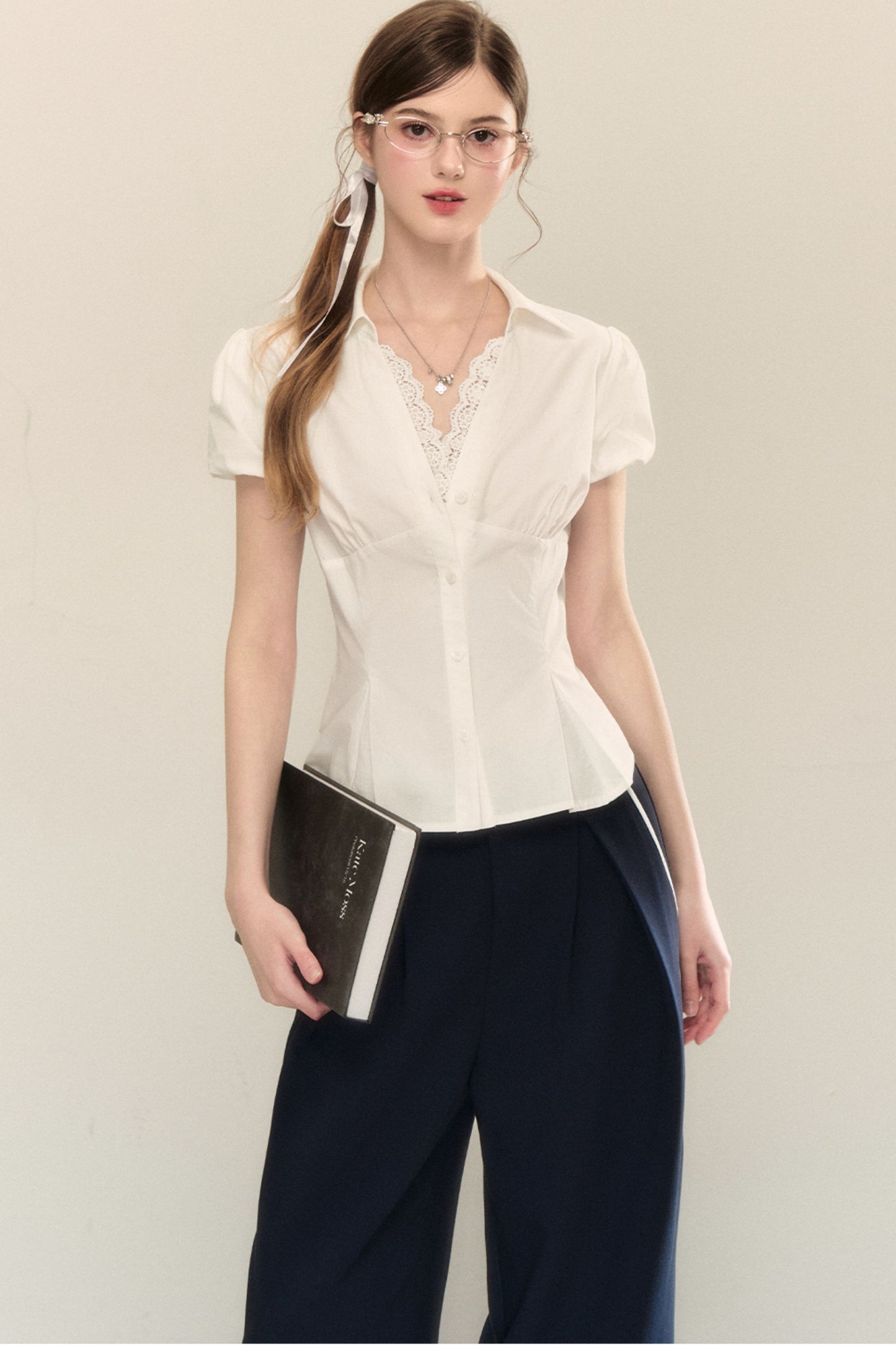 White Pleated V-Neck Short-Sleeve Shirt