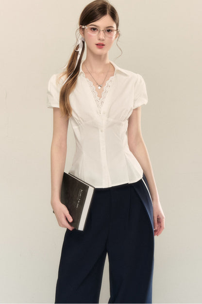 White Pleated V-Neck Short-Sleeve Shirt