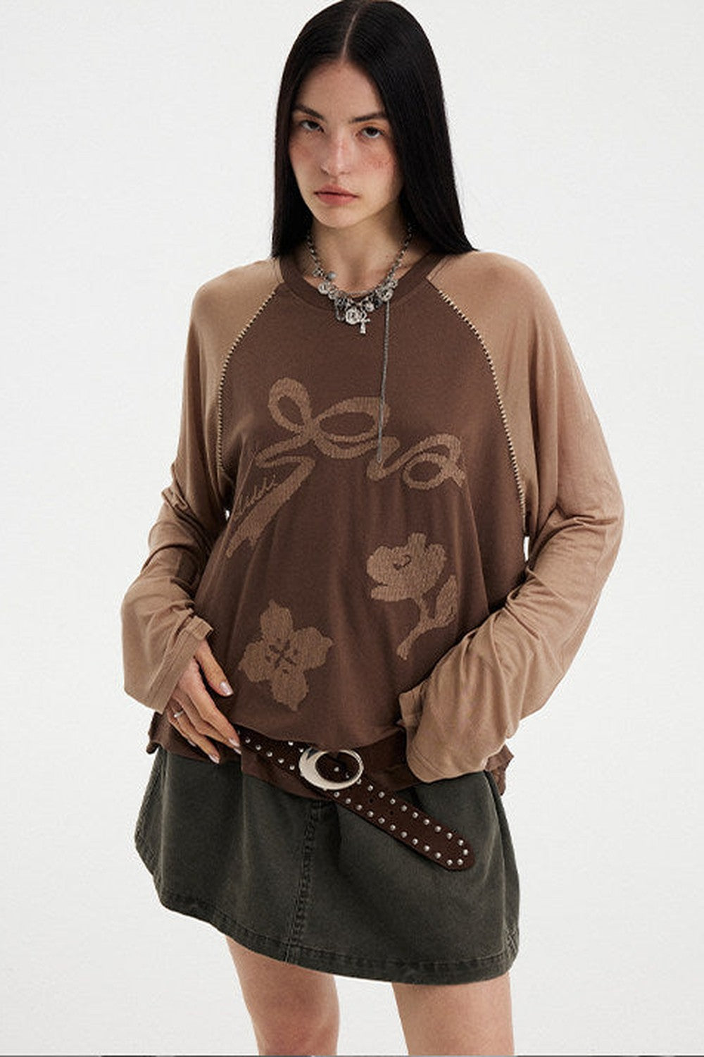 Bow Floral Spliced Long-Sleeve Top