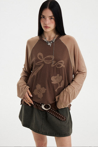 Bow Floral Spliced Long-Sleeve Top