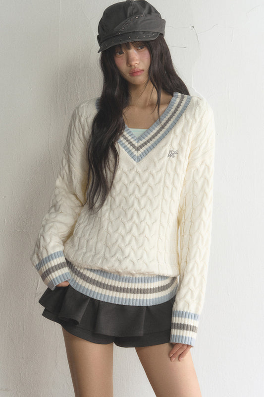 V-Neck Cable Knit Pullover Top and Pleated Skirt Set-Up