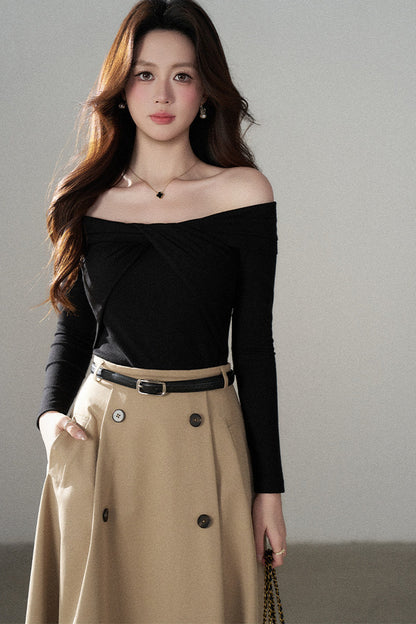 Knot Off-Shoulder Knit Pullover Top and Khaki Skirt Set-Up