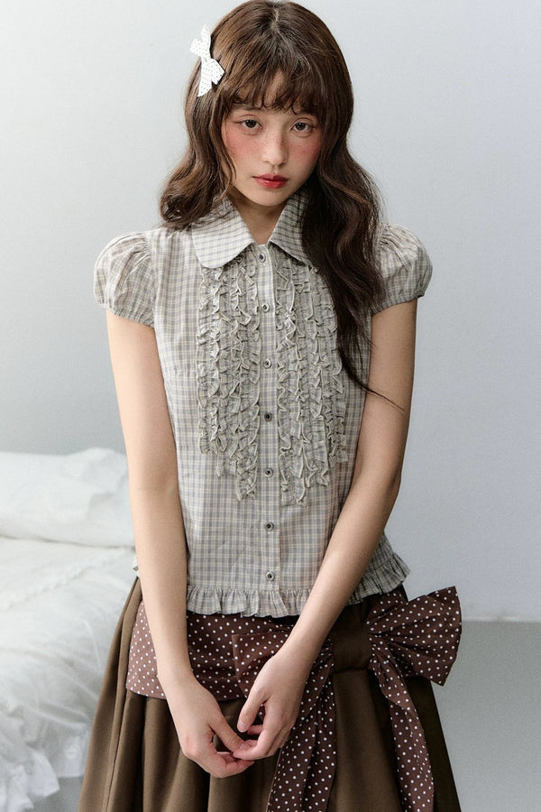 Plaid Short Sleeve Doll Collar Blouse