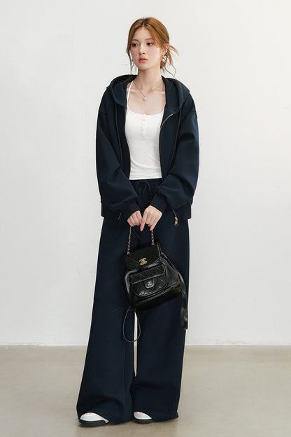 Embroidered Hooded Cardigan Sweatshirt and Wide-Leg Pants Set-Up