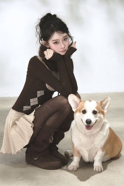 Vertical Striped Diamond Knit Cardigan and Ruffled Dress Set-Up