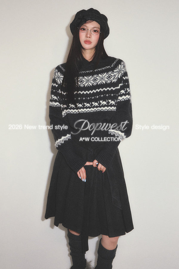 Fair Isle Cable-Knit Stand-Up Collar Sweater
