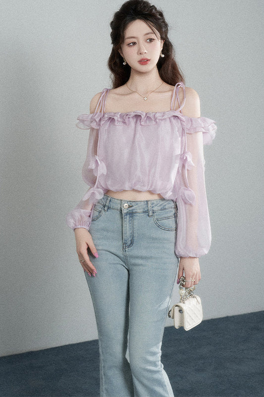 Ruffled One-Shoulder Chiffon Blouse