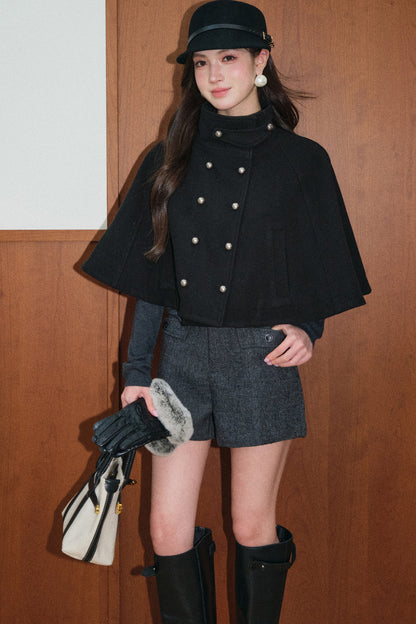 Double-Breasted Wool Cape and Shawl Shorts Set-Up