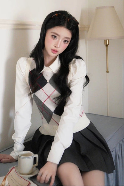 Blouse preppy à manches longues et col Claudine