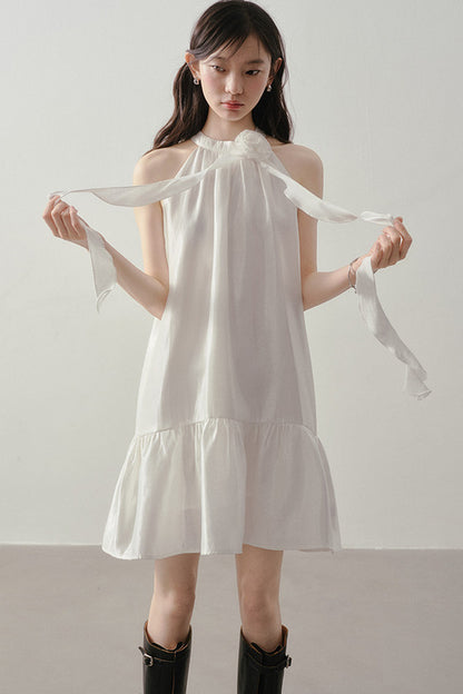 White Rose Halter Neck Ruffle Dress