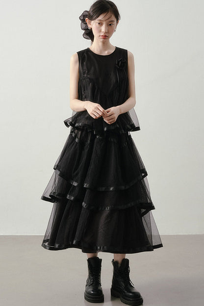 Black Mesh Layered-Look Two-Piece Set