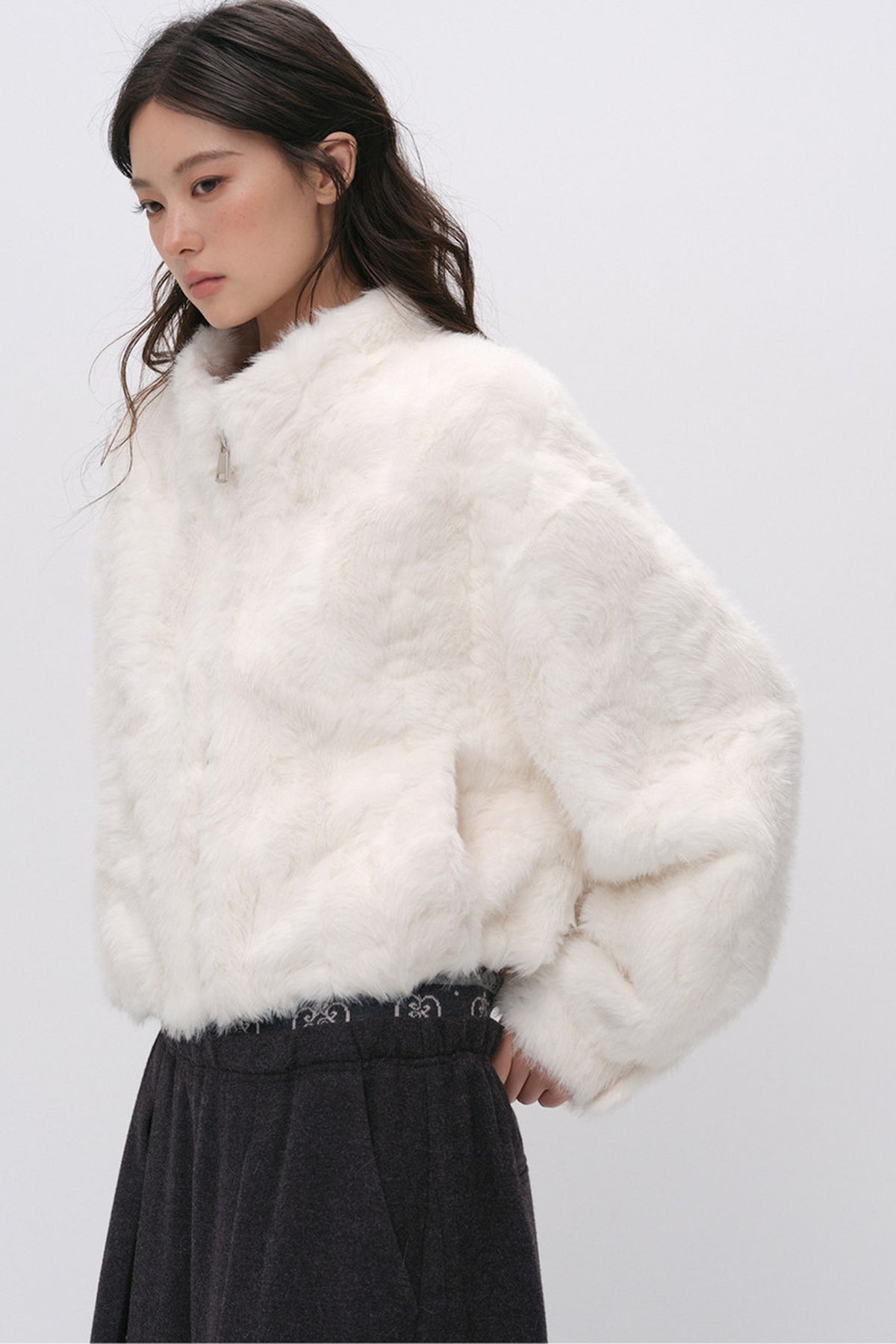 Stand Collar Faux Fur Jacket