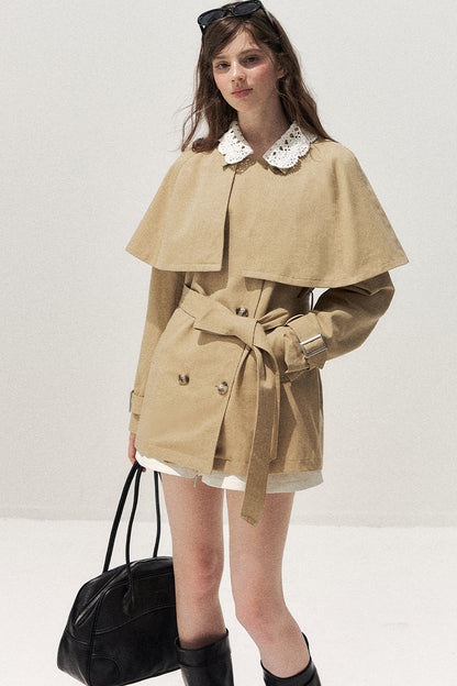 Detachable Cape Crochet Collar Trench Coat