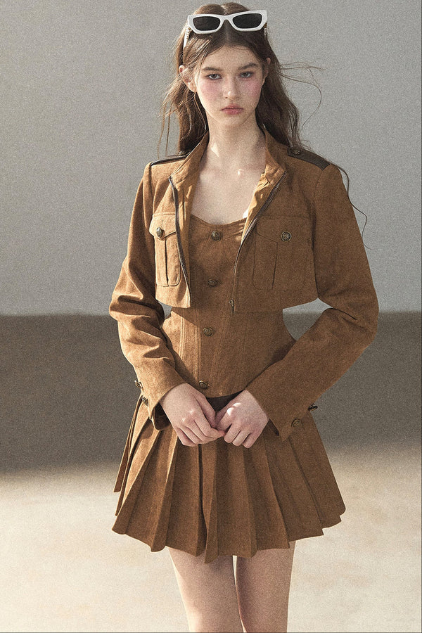 Autumn Coat and Pleated Skirt Three-Piece Set-Up