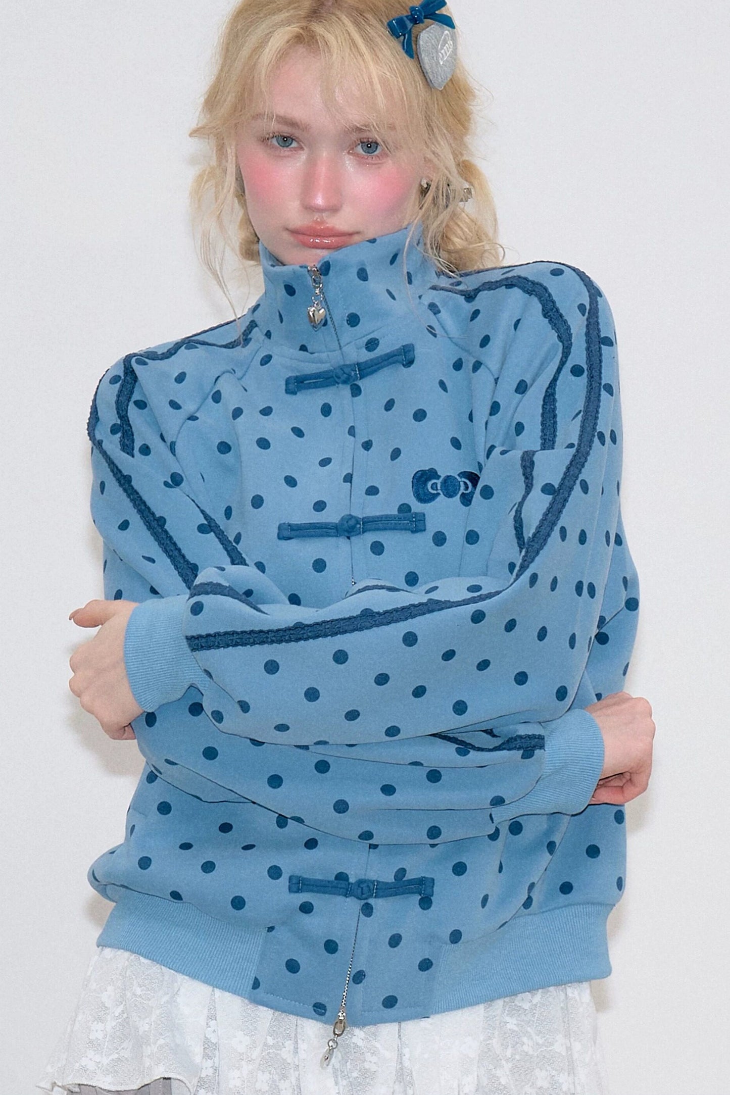 Pink Polka Dot Zipper Sweatshirt Jacket
