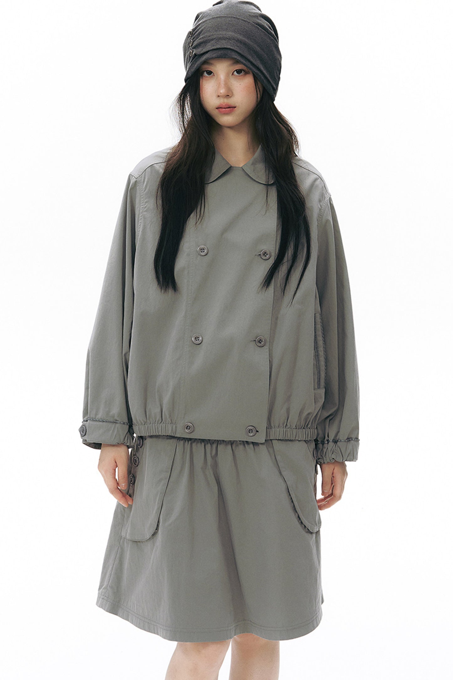 Retro Double-Breasted Workwear Jacket and Skirt Set-Up