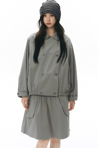 Retro Double-Breasted Workwear Jacket and Skirt Set-Up