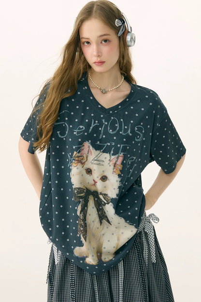 Top Scollo a V Grigio con Pois Gatto