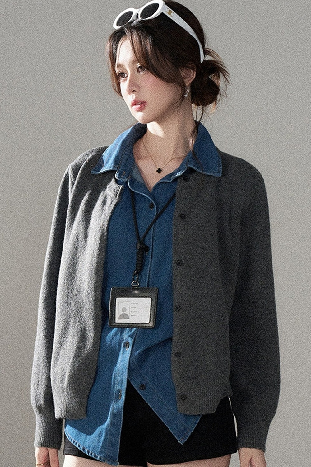 Layered-Look Denim Collar Sweater